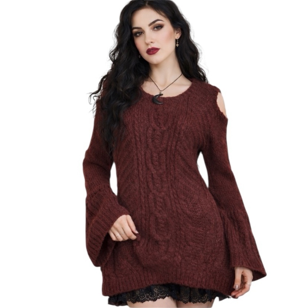 GILLI Burgundy Romantic Whimsigoth Cable Knit Dramatic Bell Sleeve Sweater Sz. S